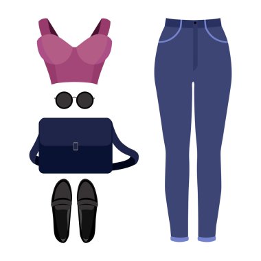 Modaya uygun kadın kıyafetleri seti. Kadın kot, büstiyer üst ve aksesuarları Kıyafeti