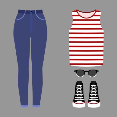 Modaya uygun kadın kıyafetleri seti. Kadın kot, t-shirt ve aksesuarları kıyafeti