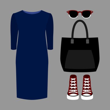 Modaya uygun kadın kıyafetleri seti. Kadın elbise ve aksesuarları kıyafeti