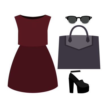 Trendy kadın giyim kümesi. Kıyafet kadın elbise ve aksesuarlar. Kadın gardırop