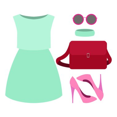 Trendy kadın giyim kümesi. Kıyafet kadın elbise ve aksesuarlar. Kadın gardırop