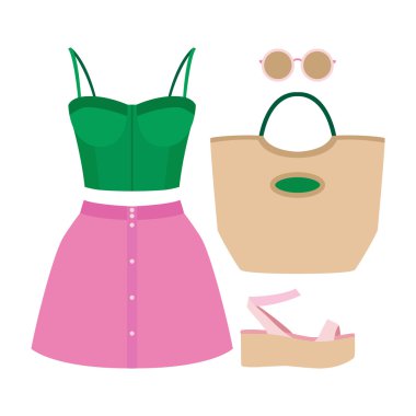 Modaya uygun kadın kıyafetleri seti. Kadın etek, büstiyer üst ve aksesuarları Kıyafeti. Kadın gardırop
