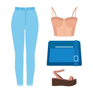 Modaya uygun kadın kıyafetleri seti. Kadın kot, büstiyer üst ve aksesuarları Kıyafeti. Kadın gardırop