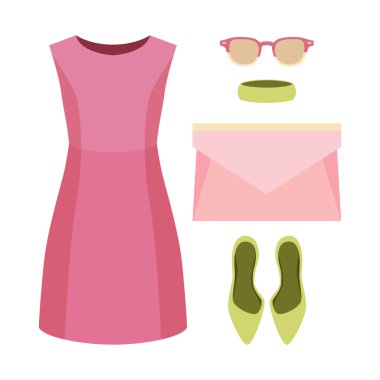 Trendy kadın giyim kümesi. Kıyafet kadın elbise ve aksesuarlar. Kadın gardırop