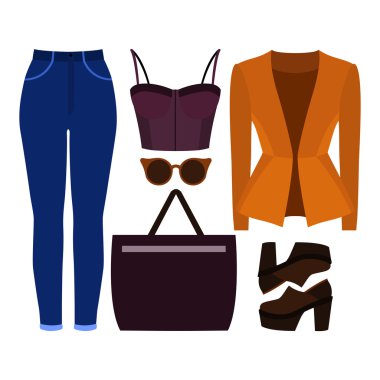 Modaya uygun kadın kıyafetleri seti. Kadın ceket, kot pantolon, büstiyer üst ve aksesuarları Kıyafeti. Kadın gardırop