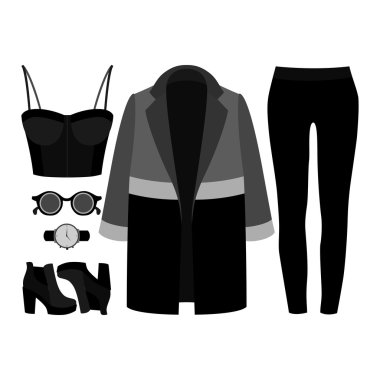 Modaya uygun kadın kıyafetleri seti. Kadın ceket, kot pantolon, büstiyer üst ve aksesuarları Kıyafeti. Kadın gardırop