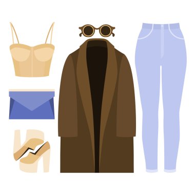 Modaya uygun kadın kıyafetleri seti. Kadın ceket, kot pantolon, büstiyer üst ve aksesuarları Kıyafeti. Kadın gardırop