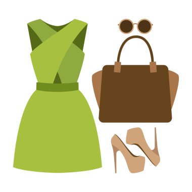 Trendy kadın giyim kümesi. Kıyafet kadın elbise ve aksesuarlar. Kadın gardırop