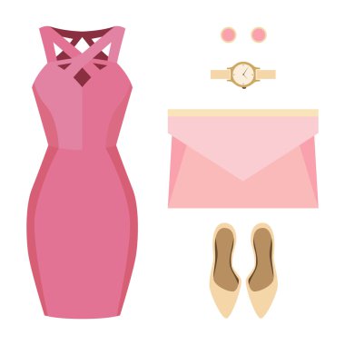 Trendy kadın giyim kümesi. Kıyafet kadın elbise ve aksesuarlar. Kadın gardırop