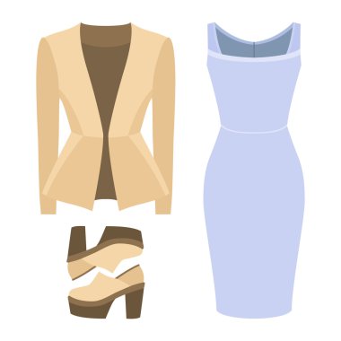 Trendy kadın giyim kümesi. Kıyafet, kadın ceket, elbise ve aksesuarlar. Kadın gardırop