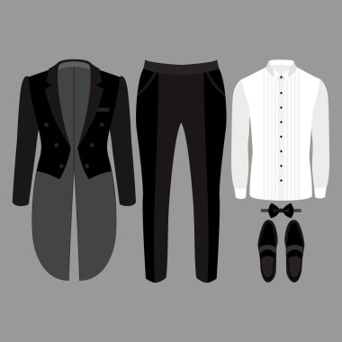 Modaya uygun erkek kıyafetleri seti. Erkek kuyruk-ceket, pantolon, gömlek ve aksesuarları Kıyafeti. Erkek gardırop