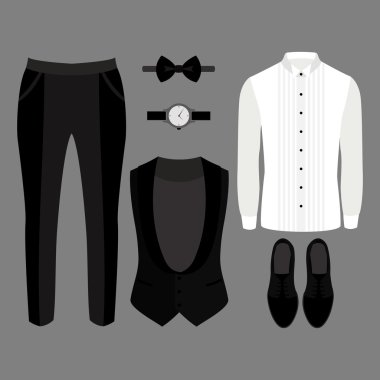 Modaya uygun erkek kıyafetleri seti. Erkek yelek, pantolon, gömlek ve aksesuarları Kıyafet. Erkek gardırop