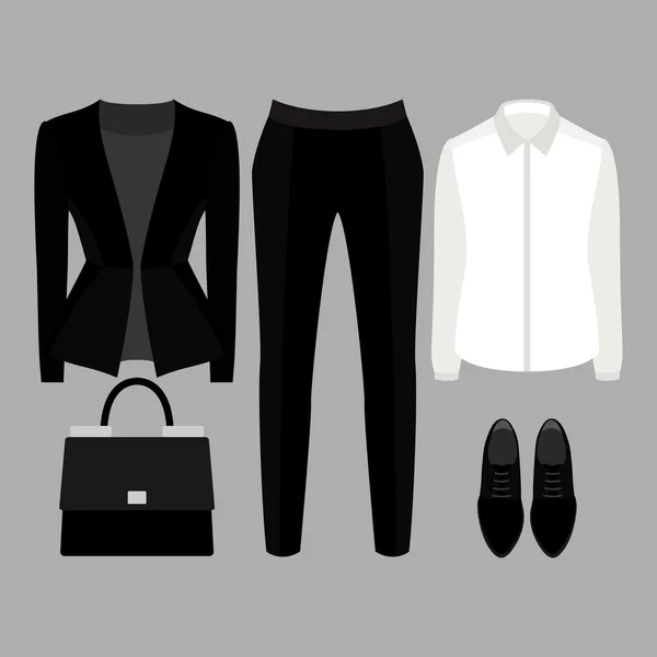 Set di vestiti da donna alla moda. Vestito da donna mutandine, giacca, camicetta e accessori — Vettoriale Stock