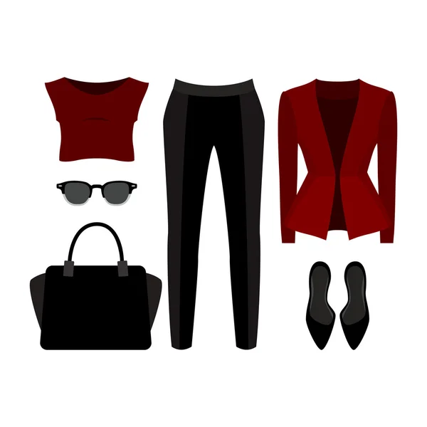 Conjunto de ropa de mujer de moda. Traje de bragas de mujer, chaqueta, blusa y accesorios — Vector de stock