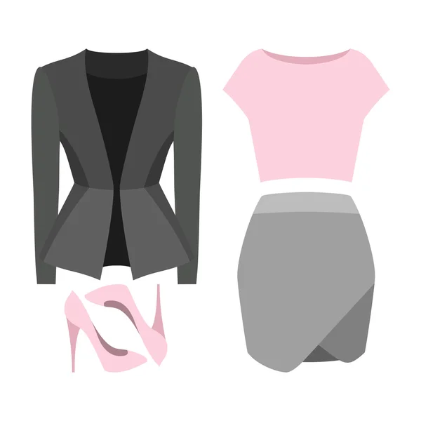 Set van trendy dameskleding. Outfit van vrouw rok, jas, top en accessoires — Stockvector