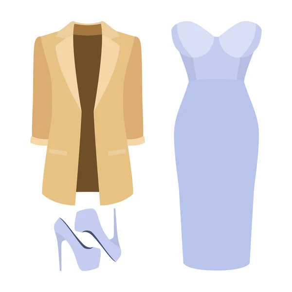 Conjunto de roupas femininas na moda. Roupa de mulher jaqueta, vestido e acessórios —  Vetores de Stock
