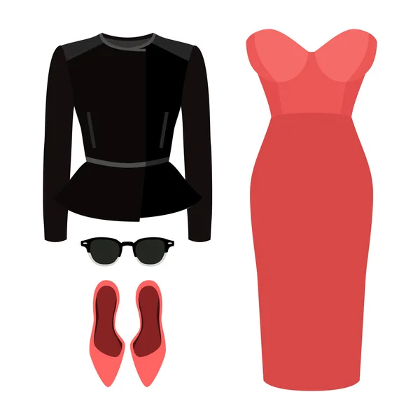 Conjunto de ropa de mujer de moda. Traje de chaqueta de mujer, vestido y accesorios — Vector de stock