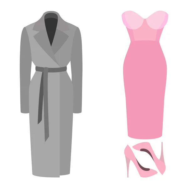 Conjunto de roupas femininas na moda. Roupa de mulher casaco, vestido e acessórios — Vetor de Stock