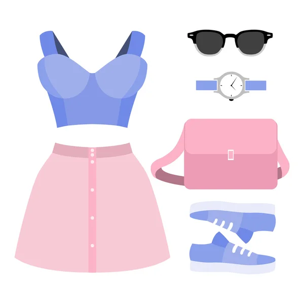 Conjunto de ropa de mujer de moda. Traje de falda de mujer, bustiers top y accesorios — Vector de stock