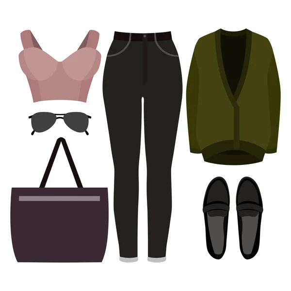 Conjunto de ropa de mujer de moda. Traje de mujer jeans, cárdigan, bustiers top y accesorios — Vector de stock