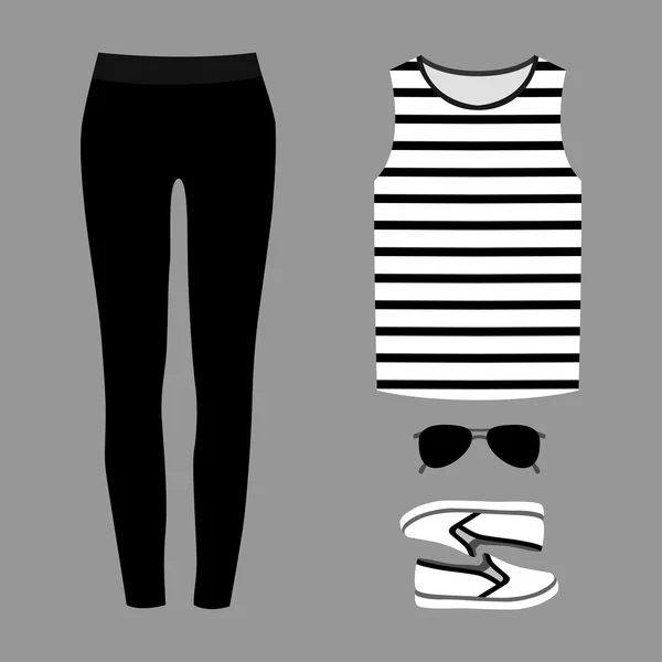 트렌디 한 여성 의류 세트. 여성 팬티, 티셔츠 및 액세서리의 의상 — 스톡 벡터