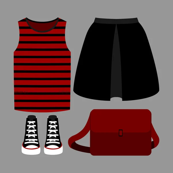 Conjunto de ropa de mujer de moda. Traje de falda de mujer, camiseta y accesorios — Vector de stock