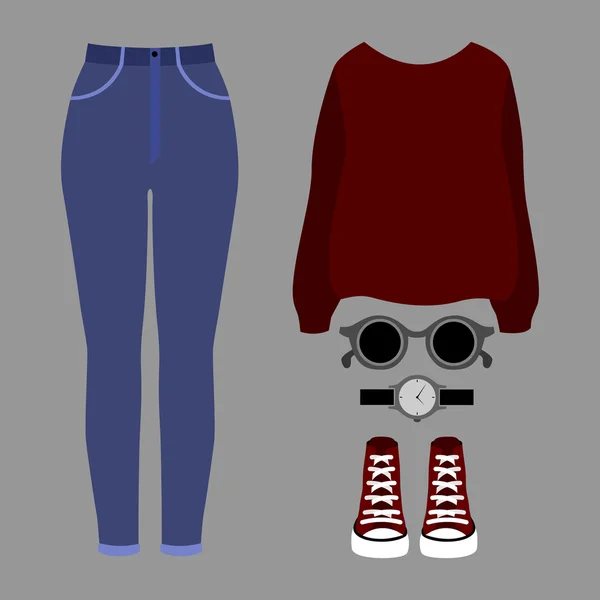 Set trendiger Frauenkleidung. Outfit aus Jeans, Pullover und Accessoires — Stockvektor