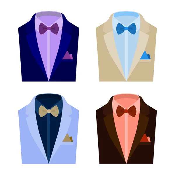 Set di abiti da uomo alla moda con giacca, camicia, papillon e fazzoletto. Armadio maschile — Vettoriale Stock