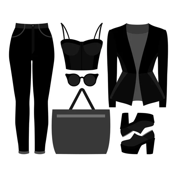 Conjunto de roupas femininas na moda. Roupa de mulher jaqueta, jeans, top bustiers e acessórios. Roupeiro feminino — Vetor de Stock