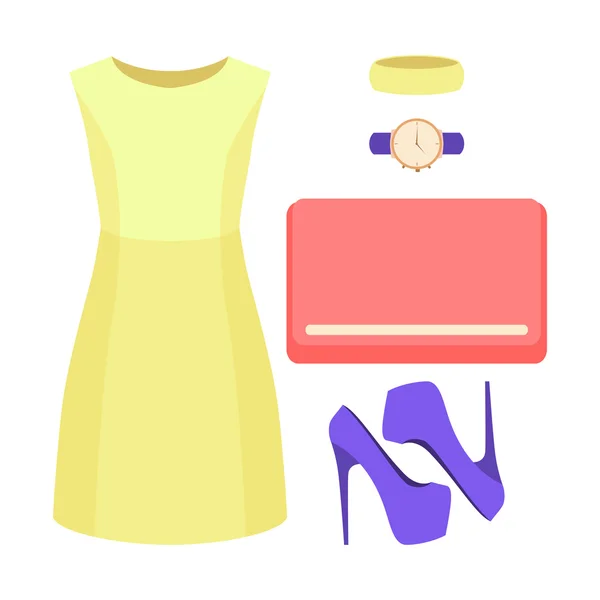 Conjunto de ropa de mujer de moda. Traje de mujer vestido y accesorios. Armario de mujer — Vector de stock