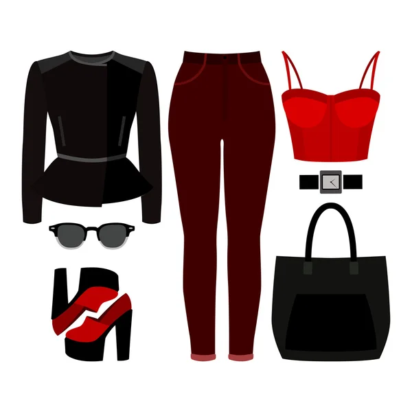 Conjunto de ropa de mujer de moda. Traje de mujer rocker chaqueta, jeans, bustiers top y accesorios. Armario de mujer — Vector de stock