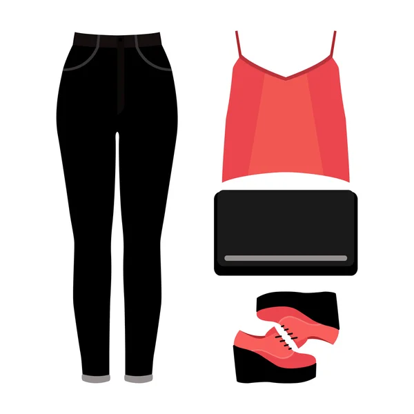 Conjunto de ropa de mujer de moda. Traje de mujer jeans, top y accesorios. Armario de mujer — Vector de stock