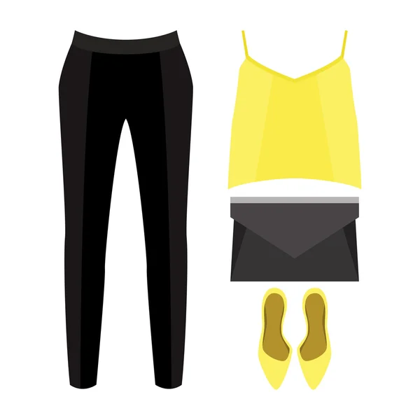 Conjunto de ropa de mujer de moda. Traje de bragas de mujer, top y accesorios. Armario de mujer — Vector de stock