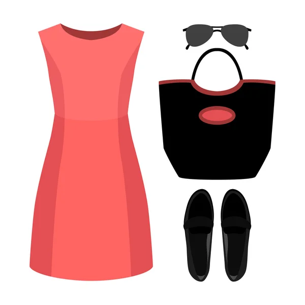 Conjunto de ropa de mujer de moda. Traje de mujer vestido y accesorios. Armario de mujer — Archivo Imágenes Vectoriales