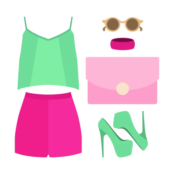 Conjunto de roupas femininas na moda. Roupa de mulher shorts, blusa e acessórios. Roupeiro feminino — Vetor de Stock