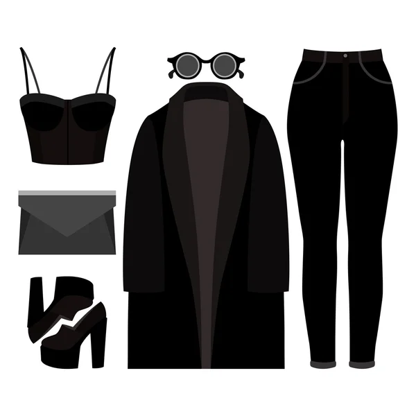 Uppsättning av trendiga damkläder. Outfit av kvinna kappa, jeans, bustiers topp och tillbehör. Kvinnors garderob — Stock vektor