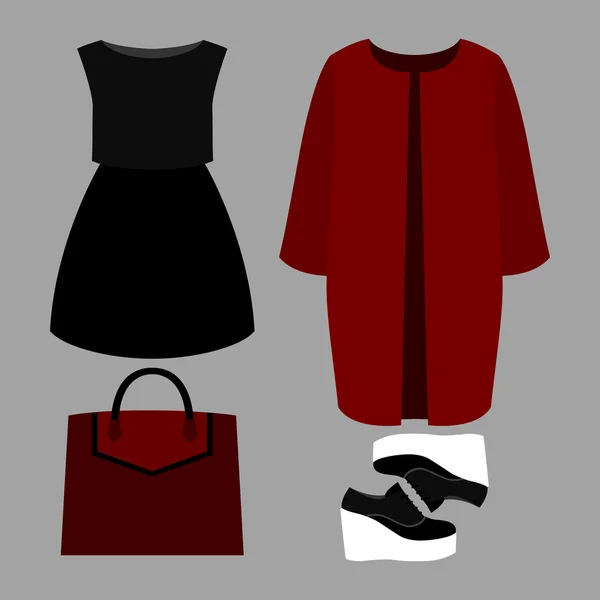 Set di vestiti da donna alla moda. Abito da donna cappotto, abito e accessori. Armadio femminile — Vettoriale Stock