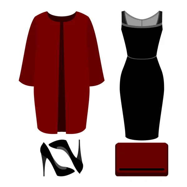 Set di vestiti da donna alla moda. Abito da donna cappotto, abito e accessori. Armadio femminile — Vettoriale Stock