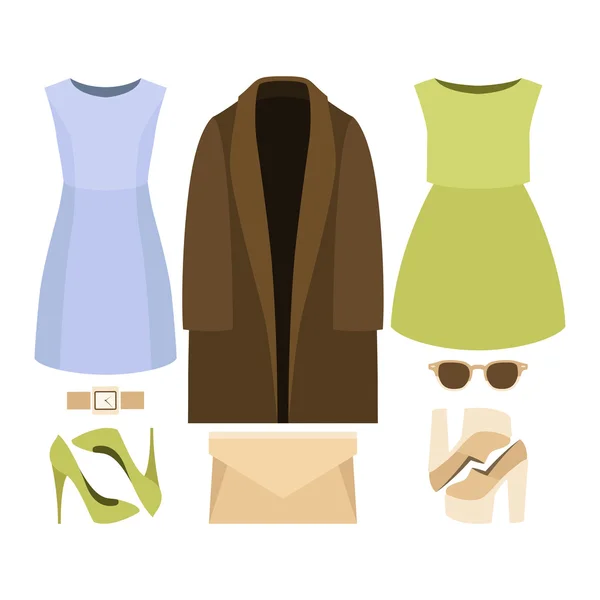 トレンディな女性の服のセット。女性のコート、ドレスやアクセサリーの衣装。女性のワードローブ — ストックベクタ