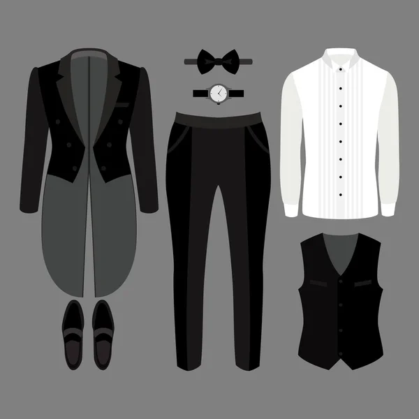 Conjunto de ropa de hombre de moda. Traje de hombre, chaleco, pantalón, camisa y accesorios. Armario de hombre — Vector de stock