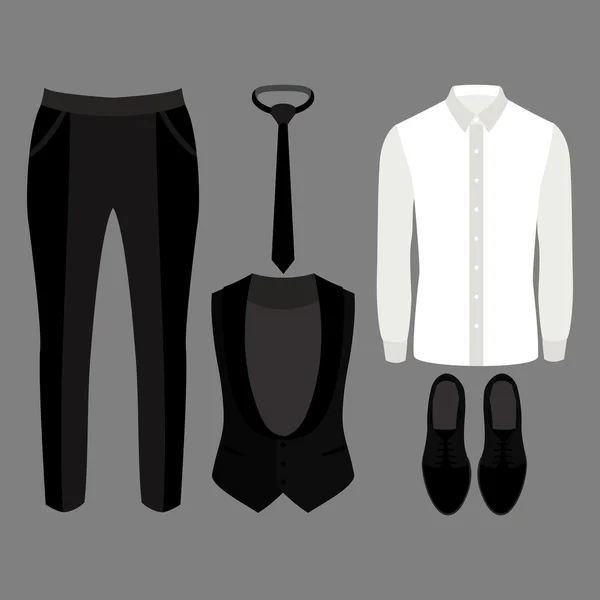 トレンディなメンズ服のセット。男性のベスト、ズボン、シャツやアクセサリーの衣装。メンズワードローブ — ストックベクタ