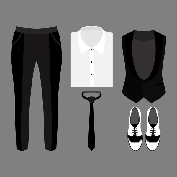 Set di abiti da uomo alla moda. Vestito di giubbotto uomo, pantaloni, camicia e accessori. Armadio maschile — Vettoriale Stock