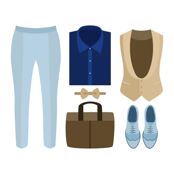 Set of trendy men's clothes. Outfit of man vest, pants, shirt and accessories. Men's wardrobe — Stock Vector