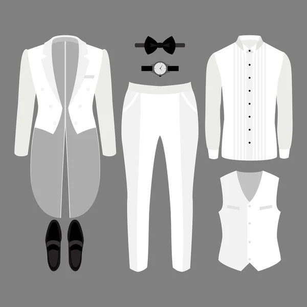 Uppsättning av trendiga herrkläder. Dräkt av man tail-Coat, väst, byxor, skjorta och accessoarer. Mäns garderob Vektorgrafik