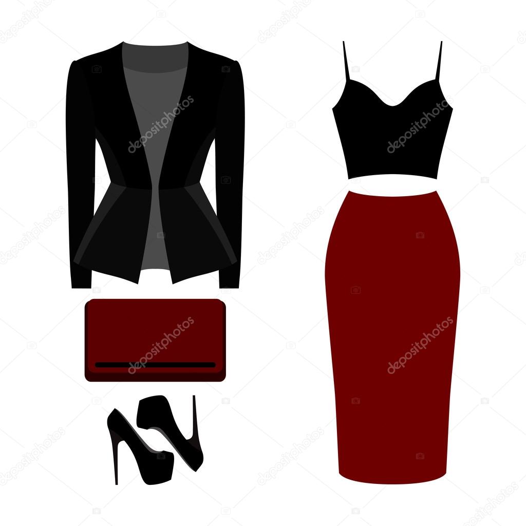 Set of trendy women's clothes. Outfit of woman skirt, jacket, top and accessories