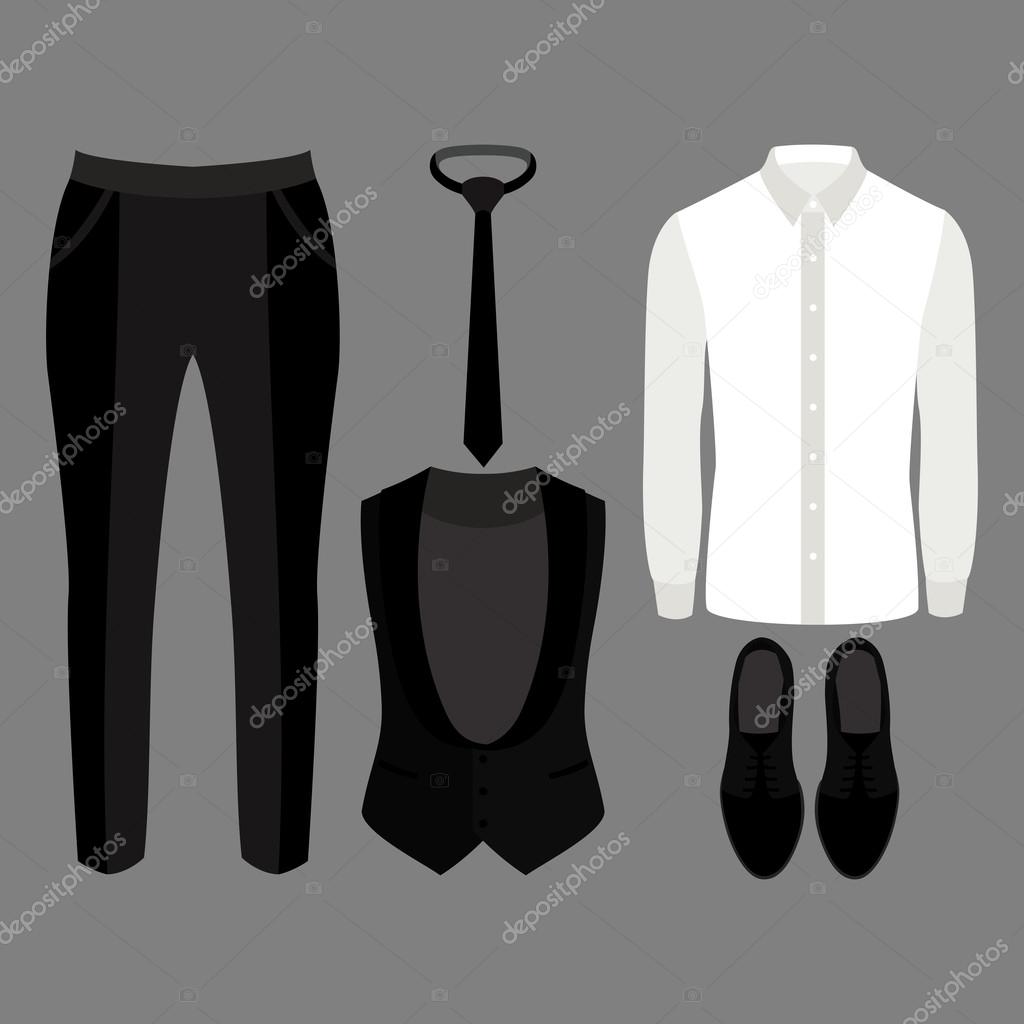Set of trendy men's clothes. Outfit of man vest, pants, shirt and accessories. Men's wardrobe