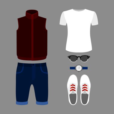 Modaya uygun erkek kıyafetleri seti. Erkek yelek, şort, t-shirt ve aksesuarları kıyafeti. Erkek gardırop