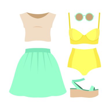 Modaya uygun kadın kıyafetleri seti. Kadın mayo, etek, üst ve aksesuarları kıyafeti. Kadın gardırop