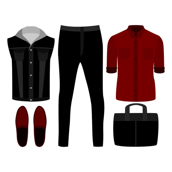 Set van trendy herenkleding. Outfit van man denim vest, jeans, overhemd en accessoires. Herenkleding kast — Stockvector