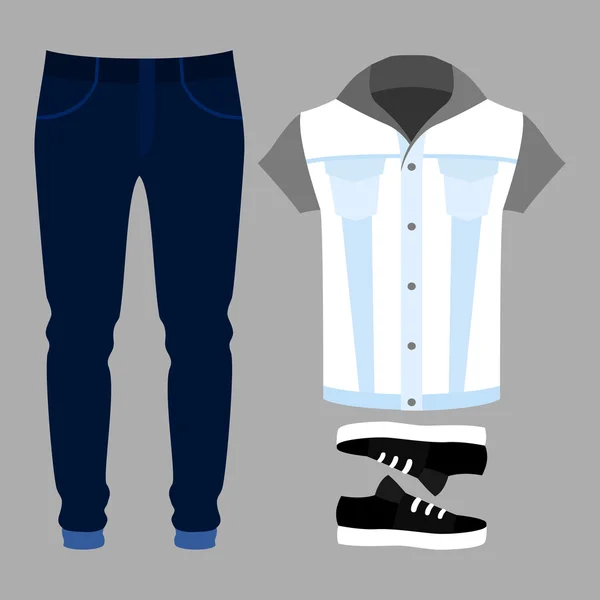 Σετ από μοντέρνα αντρικά ρούχα. Στολή του άντρα ντένιμ γιλέκο, τζιν και αξεσουάρ. Ανδρική γκαρνταρόμπα — Διανυσματικό Αρχείο